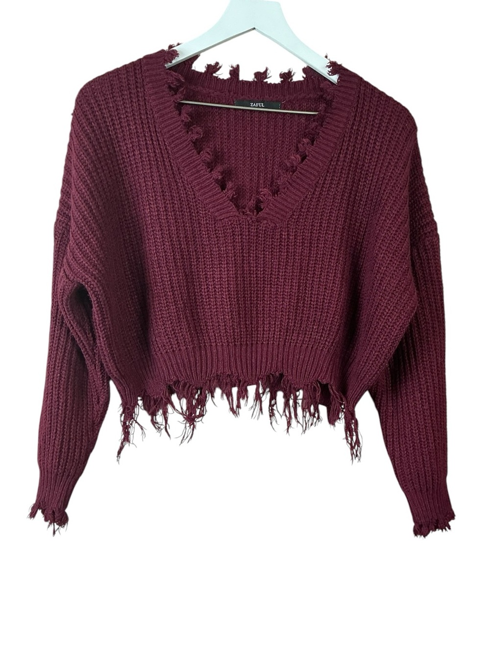 Zaful Burgundy Fringe Crop Sweater Women One Size Osfa